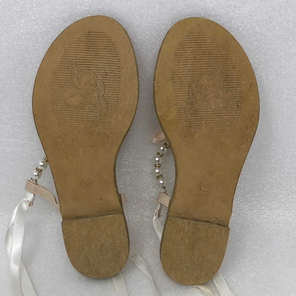 Kailee P Sandals Faux Pearl & Rhinestone Crystal Champagne Ankle Ribbon Size 33